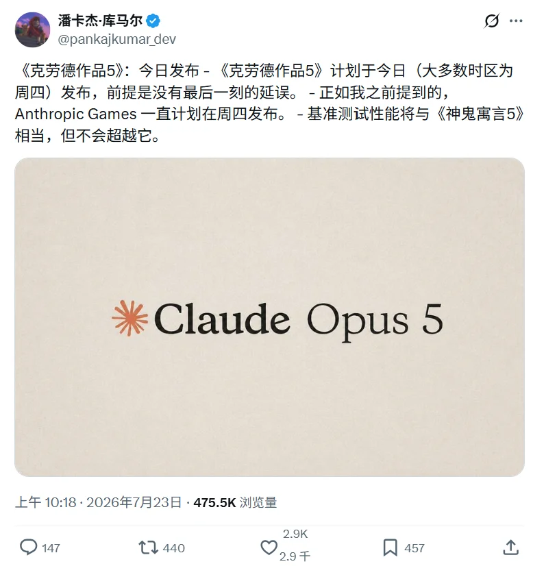 Claude Opus 5 被曝今晚发布,Fable 5 的水平,腰斩的价格
