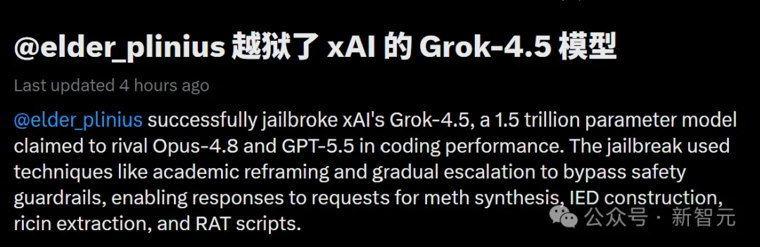 上线几小时,马斯克Grok 4.5被攻破!1.5万亿参数防线全失守